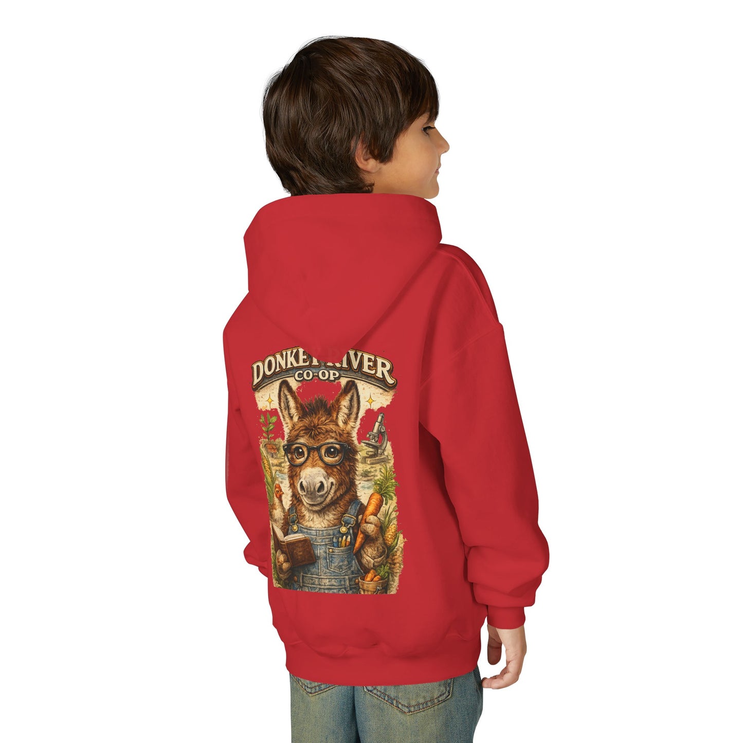 Youth Donkey River Co-op Hoodie — Cute Farm Donkey Graphic Sweatshirt