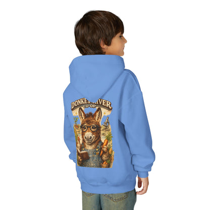Youth Donkey River Co-op Hoodie — Cute Farm Donkey Graphic Sweatshirt