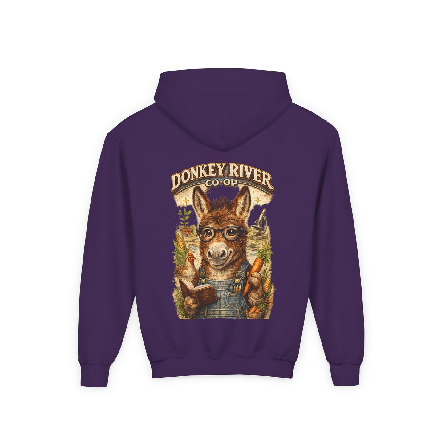 Youth Donkey River Co-op Hoodie — Cute Farm Donkey Graphic Sweatshirt