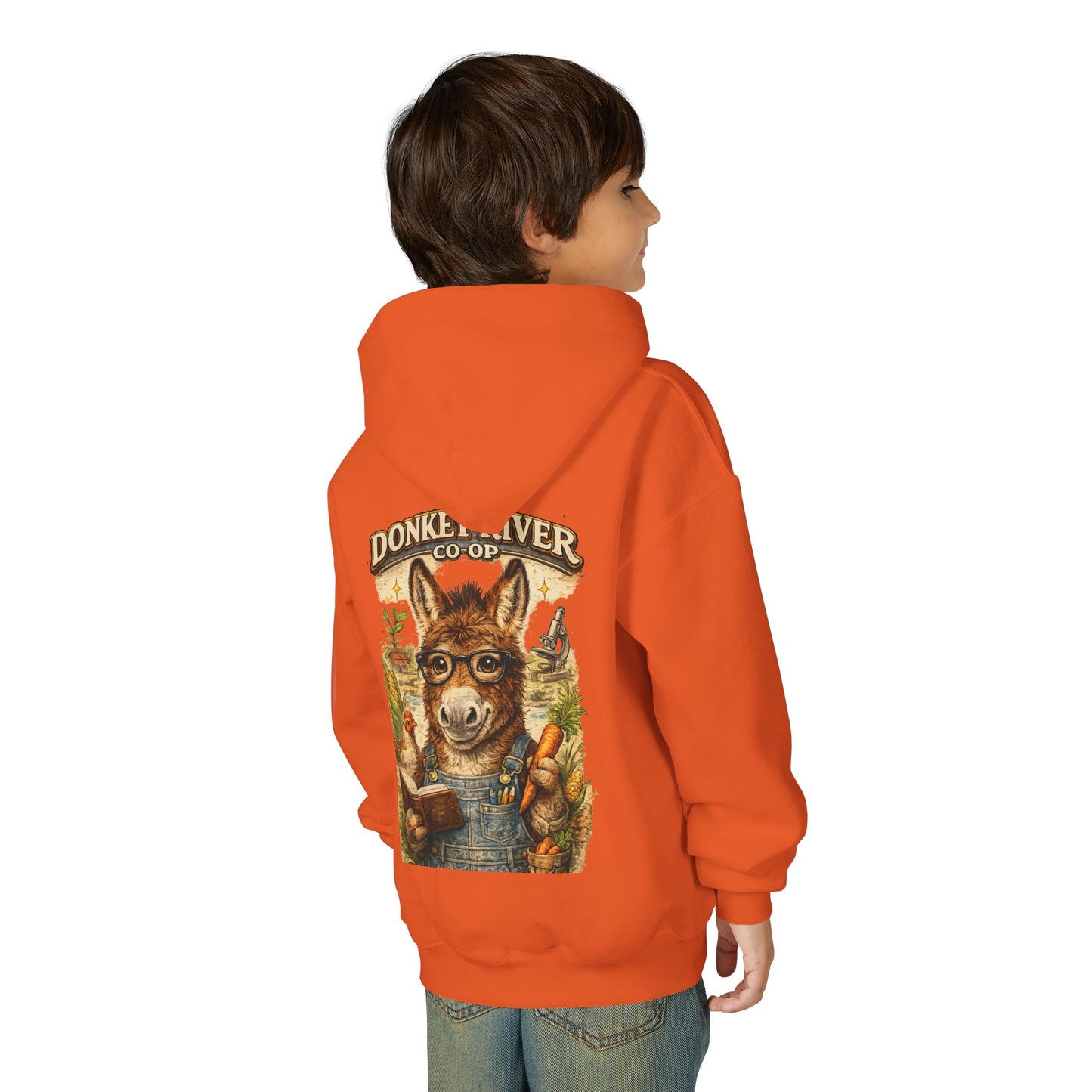 Youth Donkey River Co-op Hoodie — Cute Farm Donkey Graphic Sweatshirt
