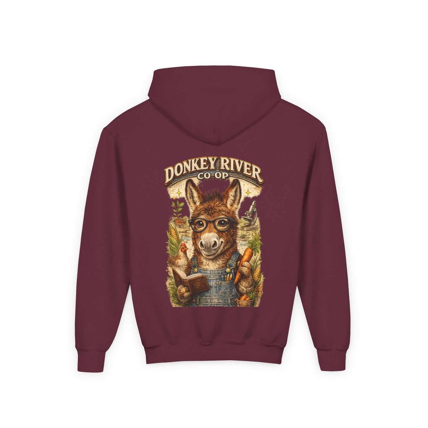 Youth Donkey River Co-op Hoodie — Cute Farm Donkey Graphic Sweatshirt