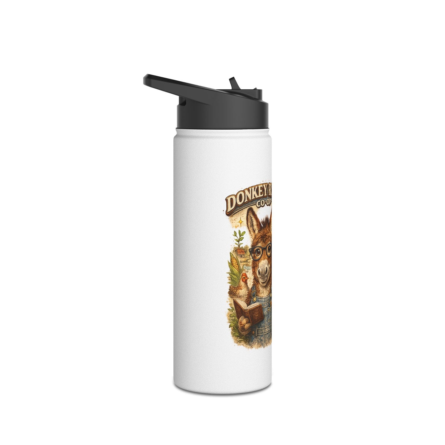 Donkey River Co-op Stainless Steel Water Bottle — Farm Donkey with Carrots Design