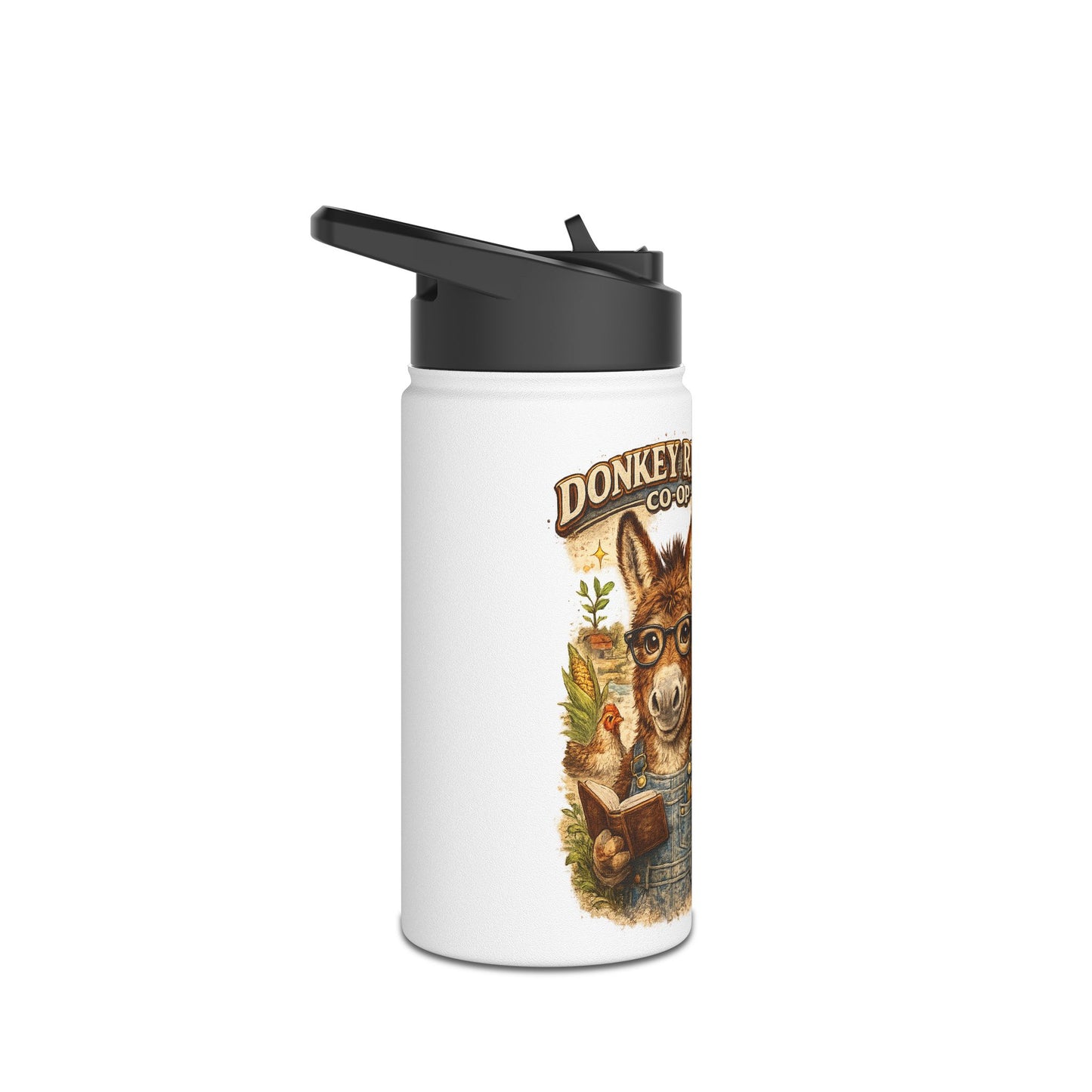Donkey River Co-op Stainless Steel Water Bottle — Farm Donkey with Carrots Design