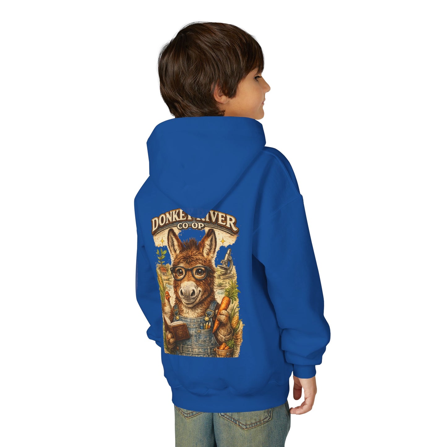 Youth Donkey River Co-op Hoodie — Cute Farm Donkey Graphic Sweatshirt