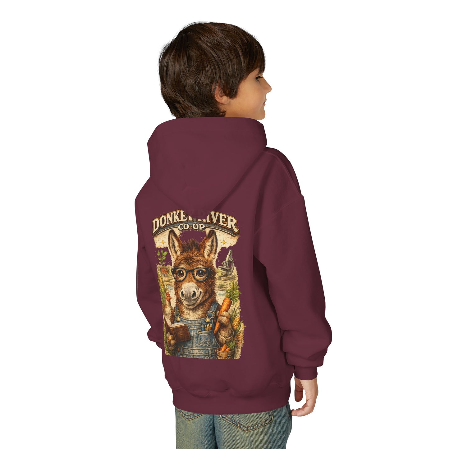 Youth Donkey River Co-op Hoodie — Cute Farm Donkey Graphic Sweatshirt