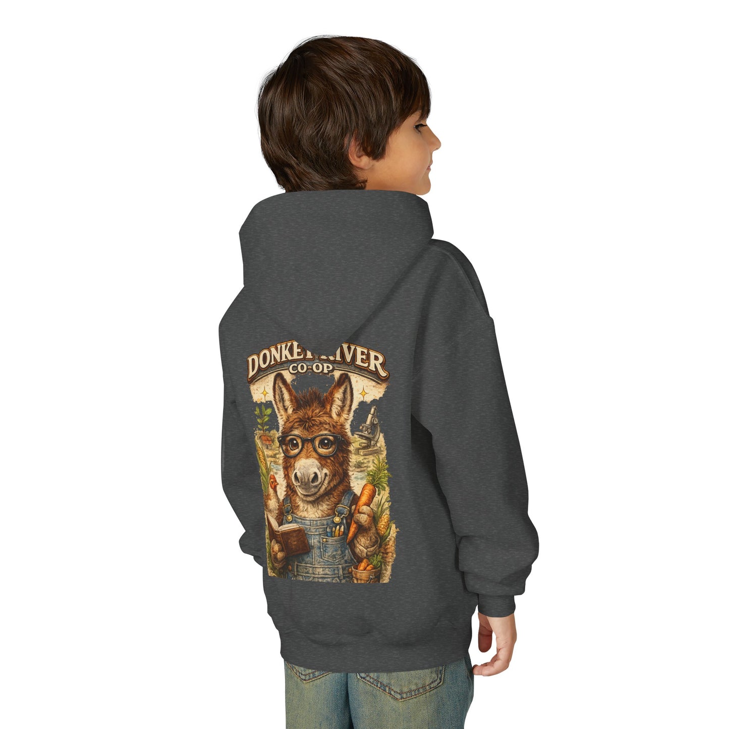 Youth Donkey River Co-op Hoodie — Cute Farm Donkey Graphic Sweatshirt