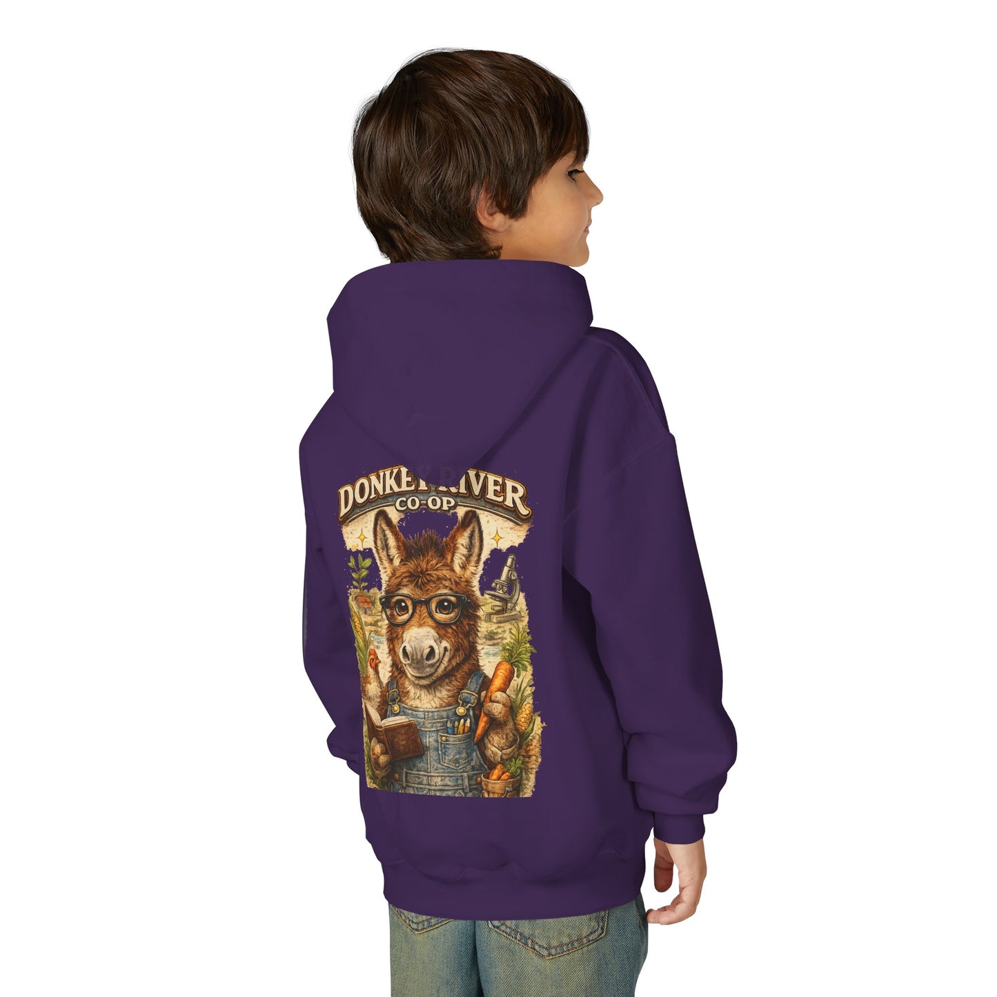 Youth Donkey River Co-op Hoodie — Cute Farm Donkey Graphic Sweatshirt