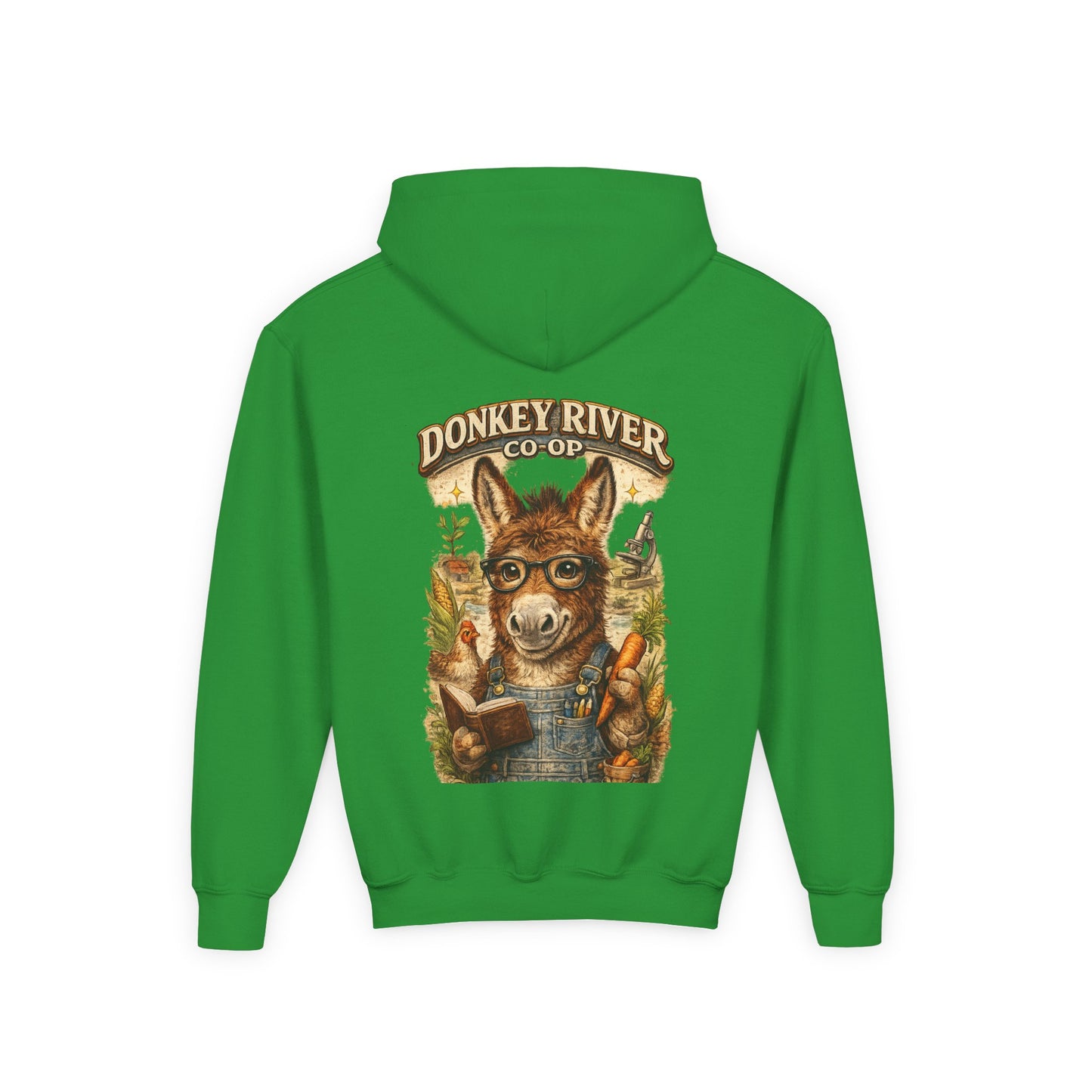Youth Donkey River Co-op Hoodie — Cute Farm Donkey Graphic Sweatshirt