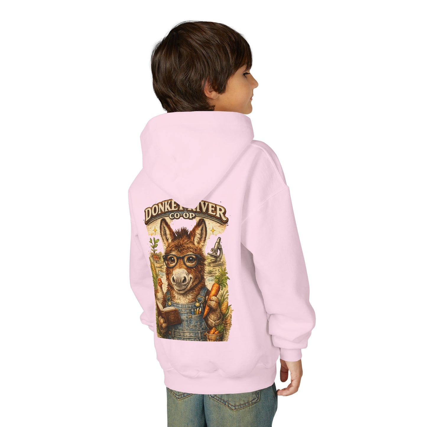 Youth Donkey River Co-op Hoodie — Cute Farm Donkey Graphic Sweatshirt