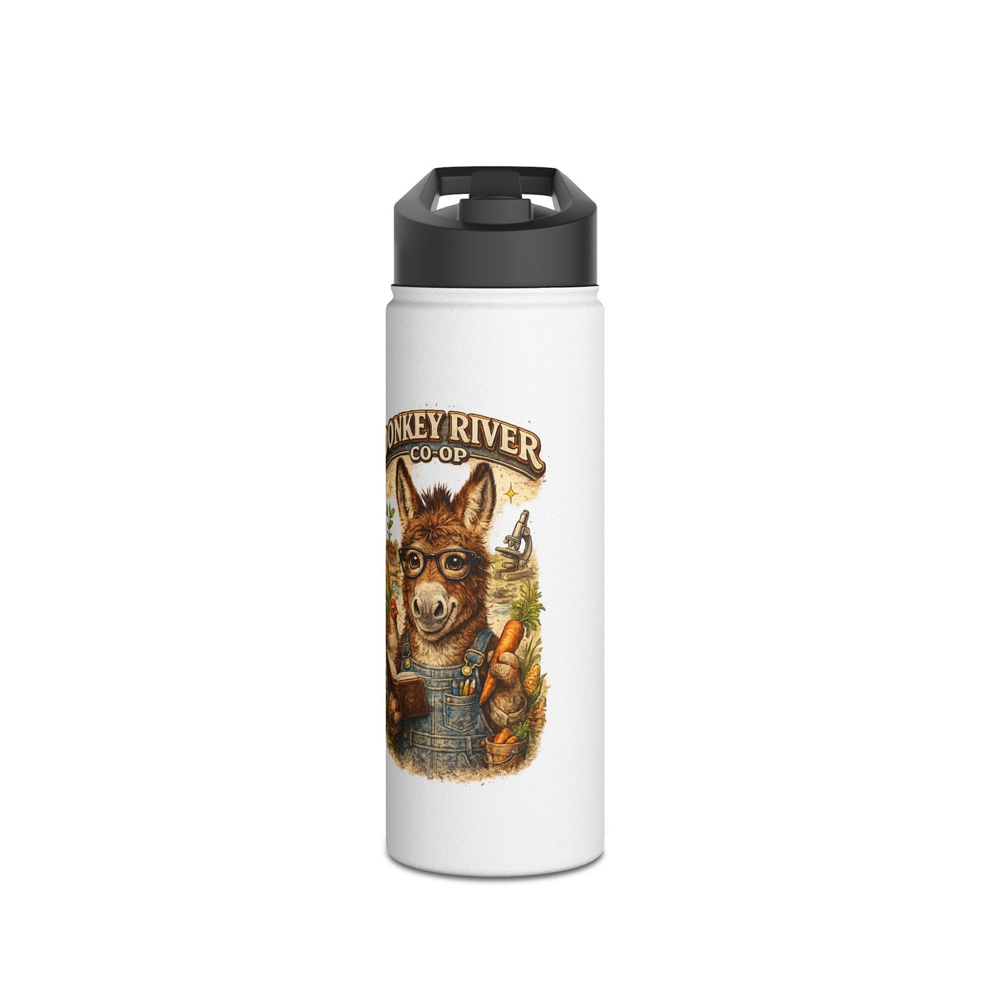 Donkey River Co-op Stainless Steel Water Bottle — Farm Donkey with Carrots Design