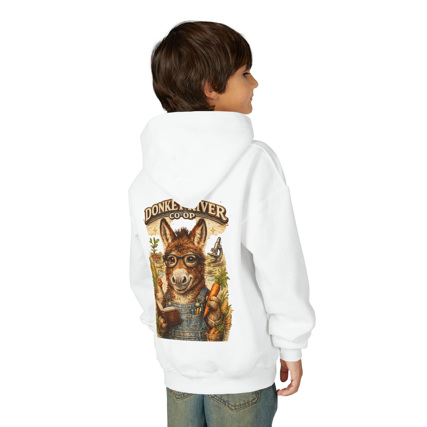 Youth Donkey River Co-op Hoodie — Cute Farm Donkey Graphic Sweatshirt