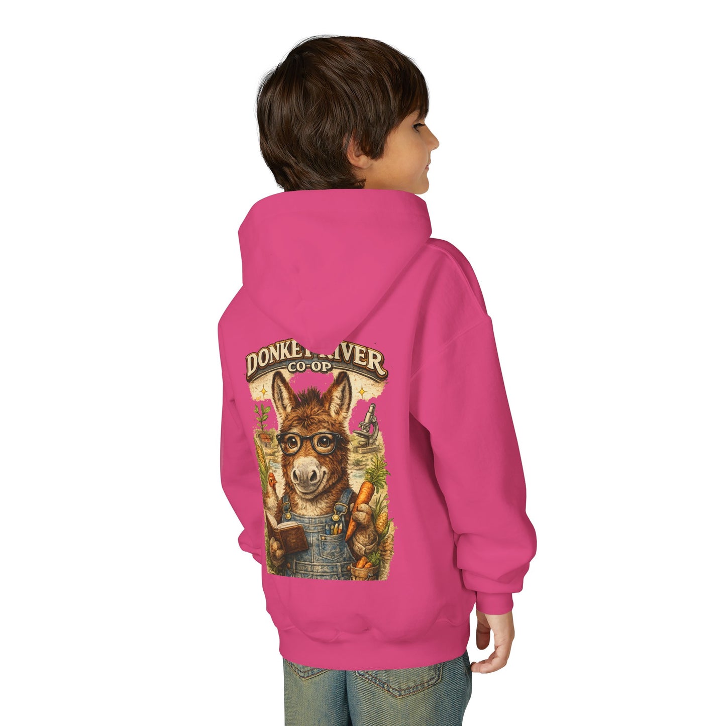Youth Donkey River Co-op Hoodie — Cute Farm Donkey Graphic Sweatshirt