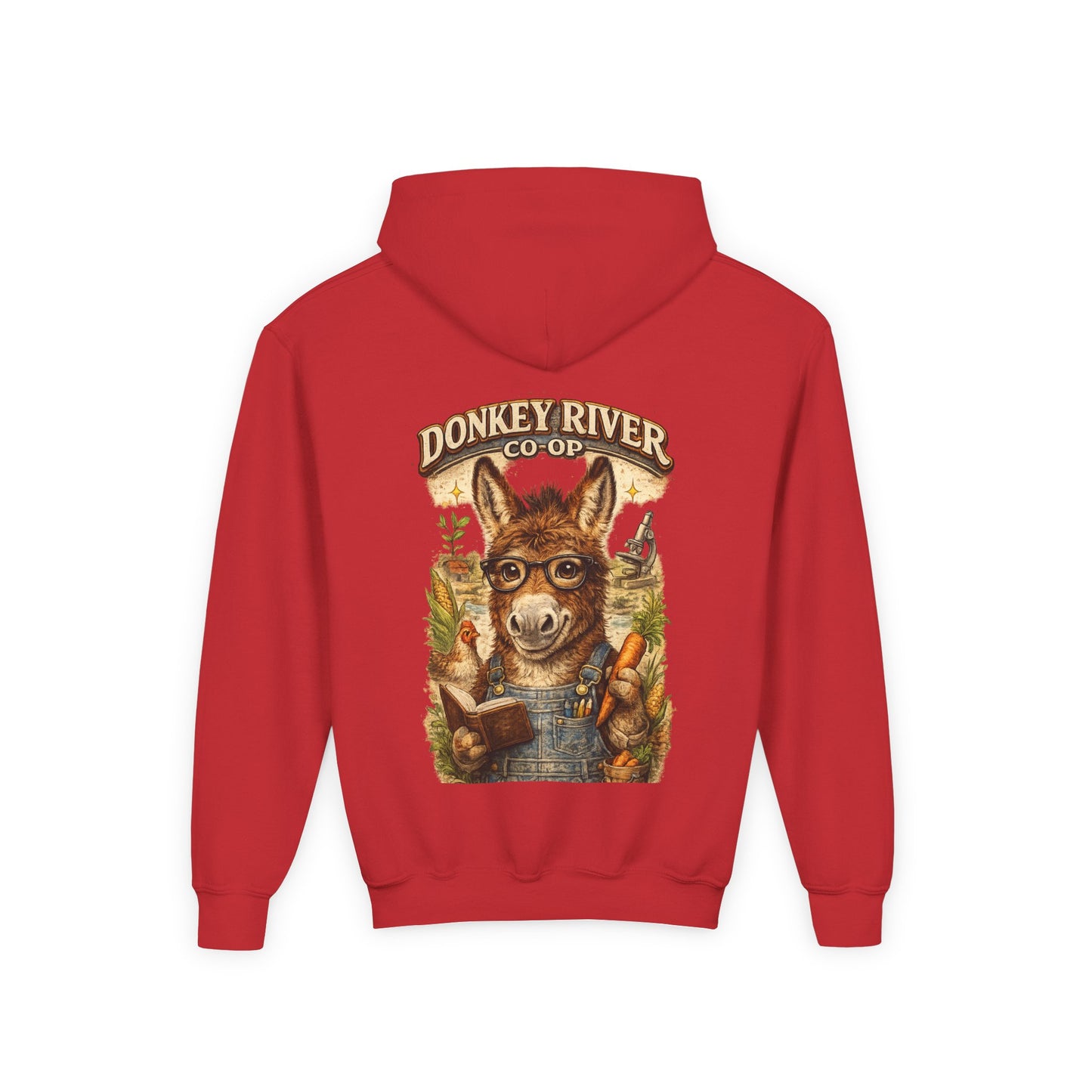 Youth Donkey River Co-op Hoodie — Cute Farm Donkey Graphic Sweatshirt