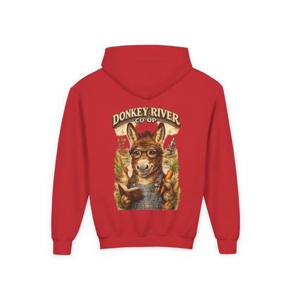 Youth Donkey River Co-op Hoodie — Cute Farm Donkey Graphic Sweatshirt