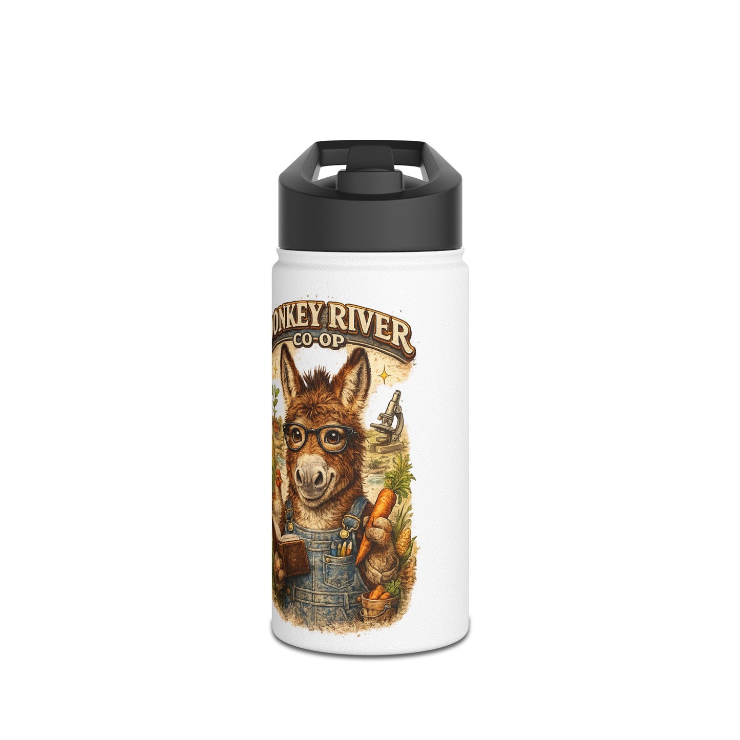 Donkey River Co-op Stainless Steel Water Bottle — Farm Donkey with Carrots Design