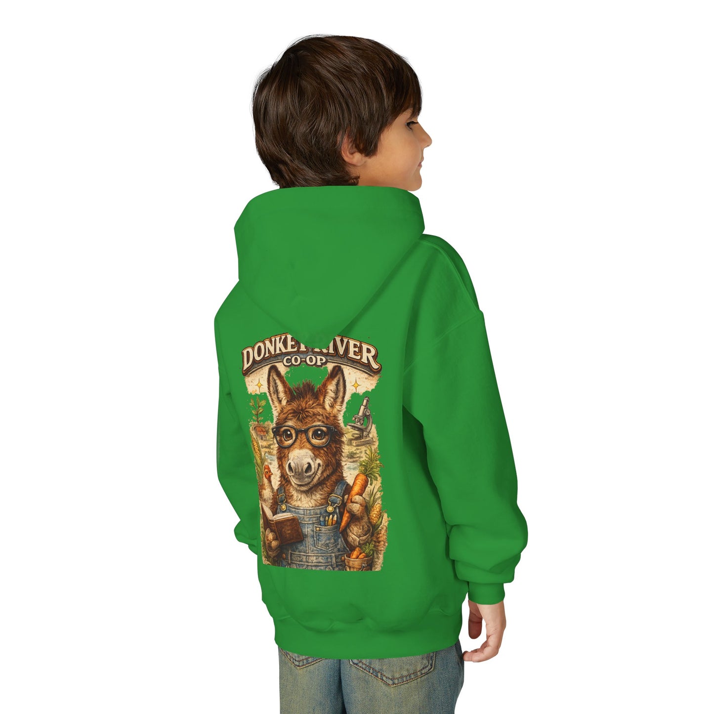 Youth Donkey River Co-op Hoodie — Cute Farm Donkey Graphic Sweatshirt