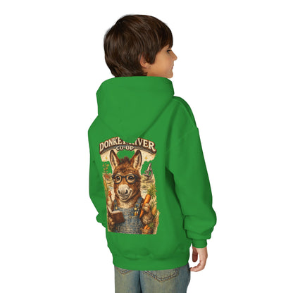 Youth Donkey River Co-op Hoodie — Cute Farm Donkey Graphic Sweatshirt