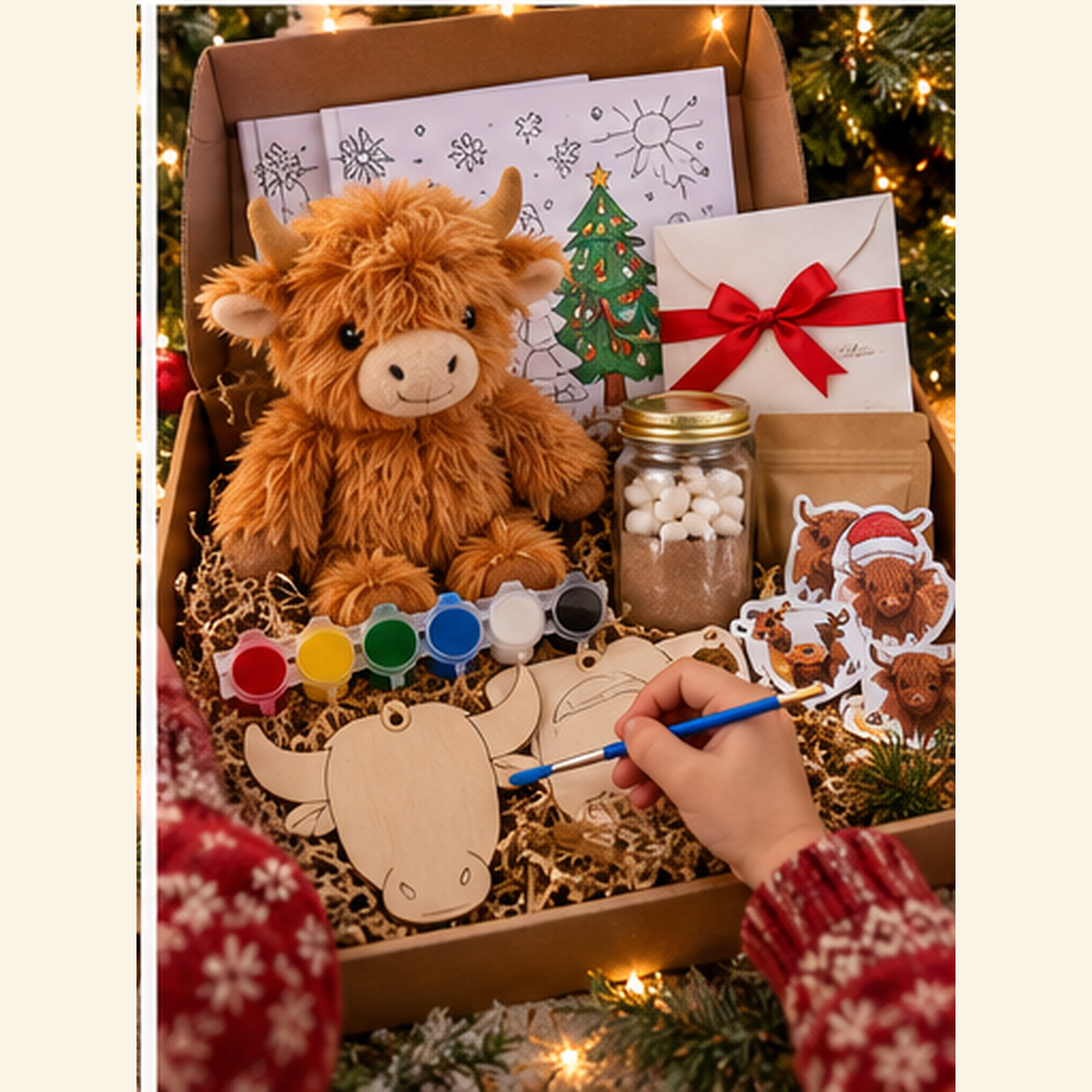 Kids Highland cow holiday gift box with Highland calf plush, paint-your-own ornament, coloring book and cocoa
