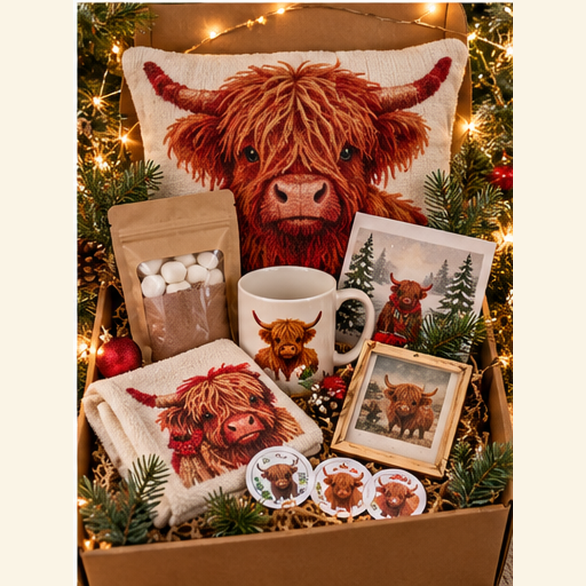 Highland cow Christmas gift box with pillow cover, mug, tea towel, hot cocoa and photo ornament