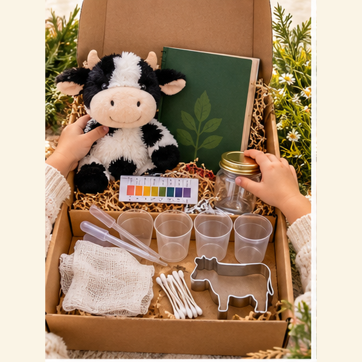 Junior Farm Scientist kids science box with cow plush, lab guide, pH strips, cups, droppers and cow cutter