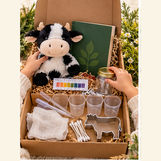 Junior Farm Scientist kids science box with cow plush, lab guide, pH strips, cups, droppers and cow cutter