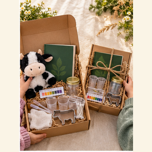 Junior Farm Scientist box and Sibling Kit add-on science supplies side by side