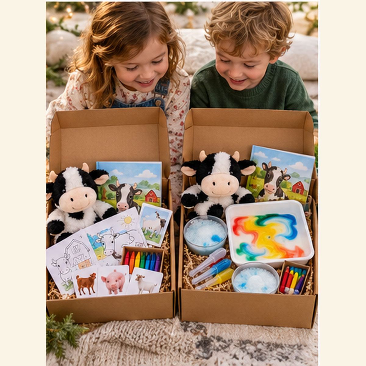 Little Farm Friends Bundle with Learn & Grow and Play Lab preschool boxes and two cow stuffies
