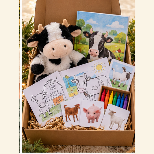 Meet the Farm Animal Box with cow stuffy, storybook, coloring pages and crayons