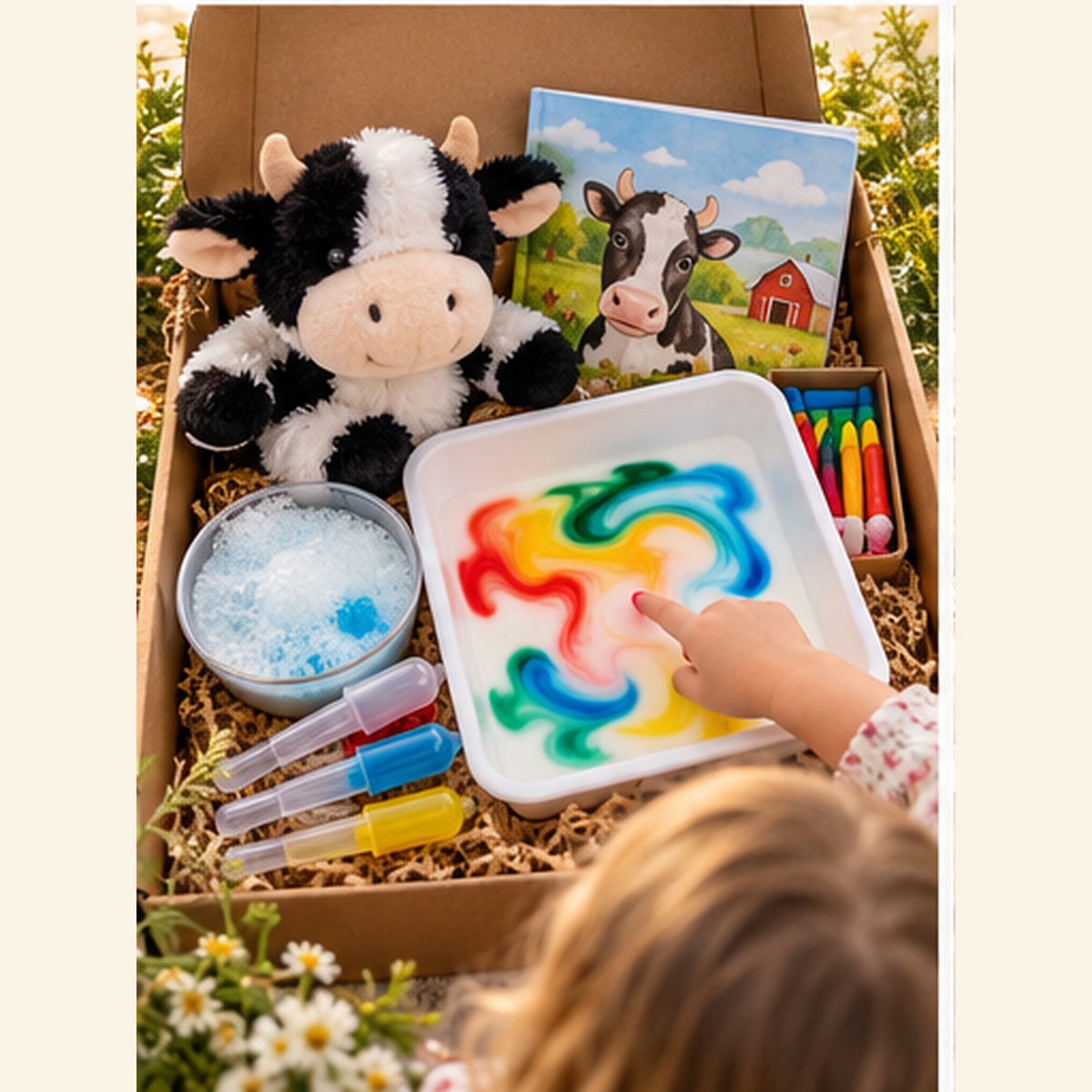 Little Farm Friends Play Lab preschool science kit with cow stuffy, milk swirl tray and droppers