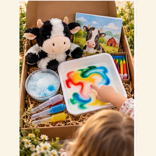 Little Farm Friends Play Lab preschool science kit with cow stuffy, milk swirl tray and droppers